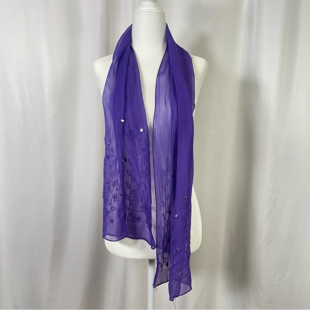 Vintage Embroidered Gauze Jewel Tone Boho Mirror Floral Scarf Shawl Elegant